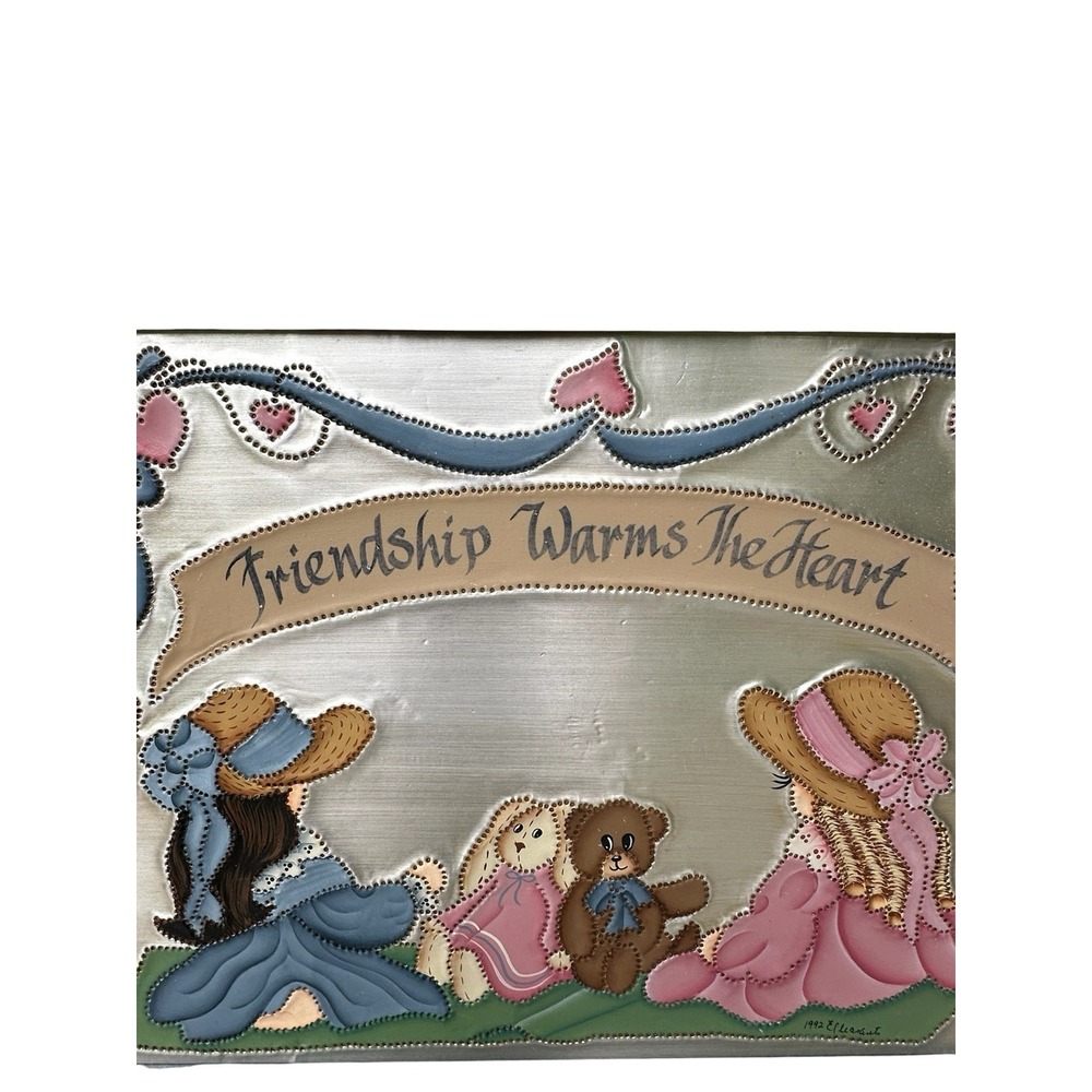 Vintage 1992 Hand Painted Tin Punched Girls Rabbit Bear Picture Signed Framed - Picture 5 of 14